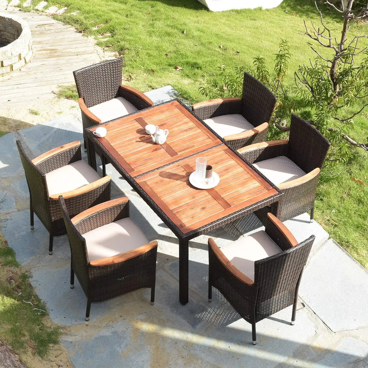 7 PCS Outdoor Patio Dining Set,  Dining Set w/Acacia Wood Table Top, Stackable Chairs with Soft Cushion, Poly -Wicker Dining Table