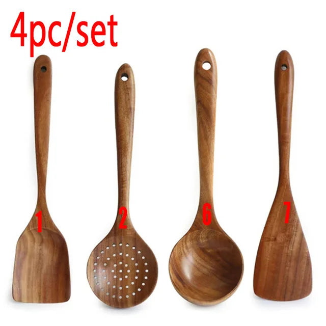 1-10 PC Wooden Cooking Spoons,  Smooth Teak Wooden Utensils,  Non-Stick Wooden Cooking Utensils –