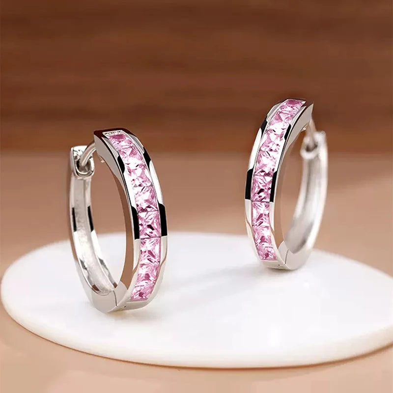 Classic Design Hoop Earrings,  Full with Princess Square CZ's.   Simple and Elegant Accessories Versatile Jewelry Perfect for MOTHERS DAY Gift
