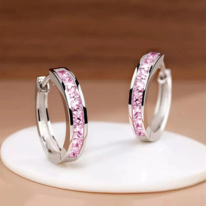 Classic Design Hoop Earrings,  Full with Princess Square CZ's.   Simple and Elegant Accessories Versatile Jewelry Perfect for MOTHERS DAY Gift