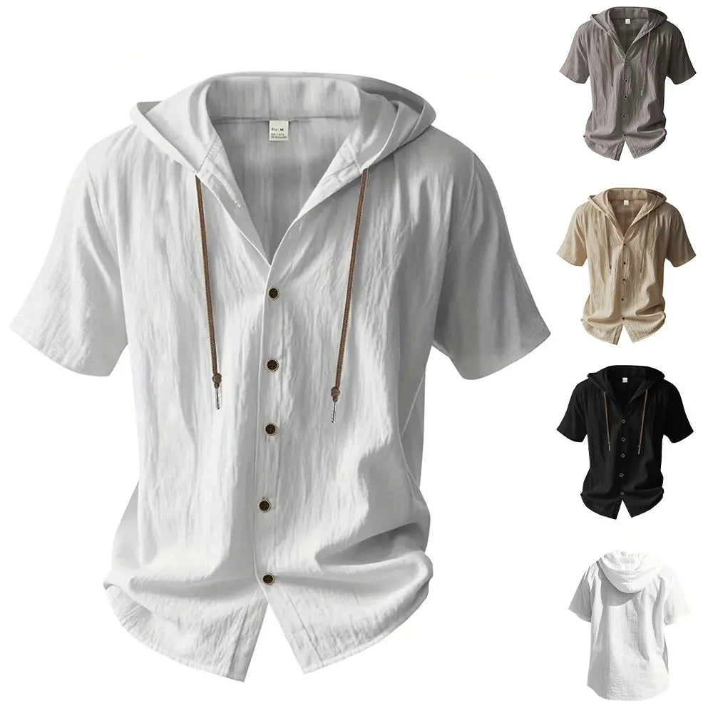Cotton Linen Shirt for Men, Hooded,  Short Sleeve,  Solid Colors, Breathable and Lightweight with Drawstring Design.