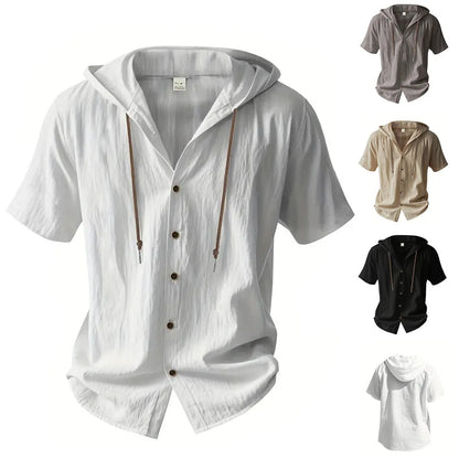 Cotton Linen Shirt for Men, Hooded,  Short Sleeve,  Solid Colors, Breathable and Lightweight with Drawstring Design.