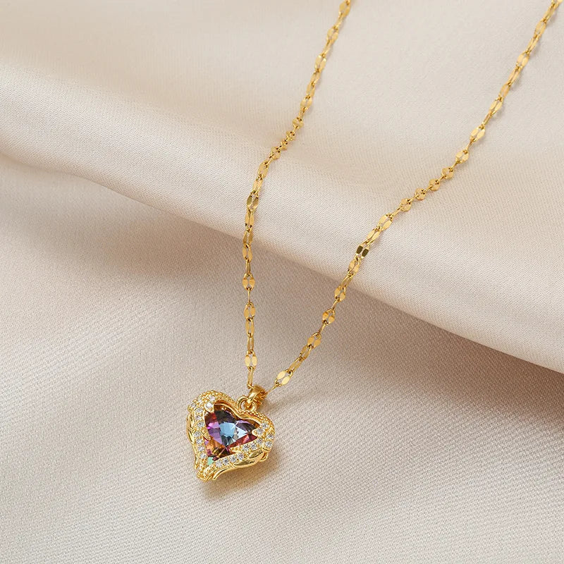 Top Luxury Colorful Crystal Ocean Heart Pendant Necklace For Women Stainless Steel Jewelry The Perfect MOTHERS DAT Gift