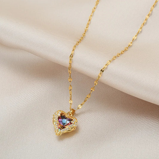 Top Luxury Colorful Crystal Ocean Heart Pendant Necklace For Women Stainless Steel Jewelry The Perfect MOTHERS DAT Gift