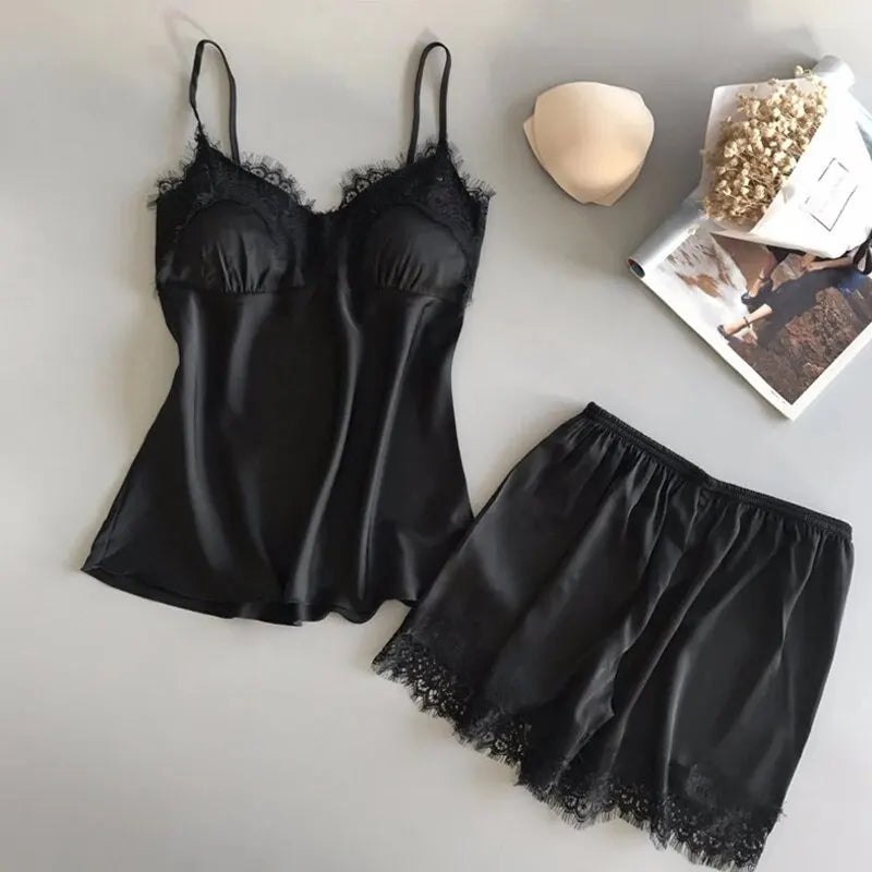Women Pajama V-Neck Lace, Sexy Lingerie and Sleep Shorts Set