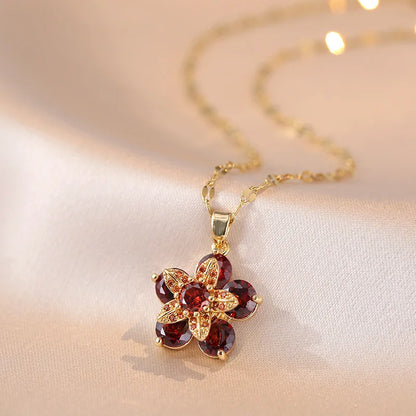 Shiny Zircon Romantic Flower Pendant, Necklace For Women Gold Plated Rotatable Flowers Choker for Girls , Wedding Party,  Luxury Jewelry
