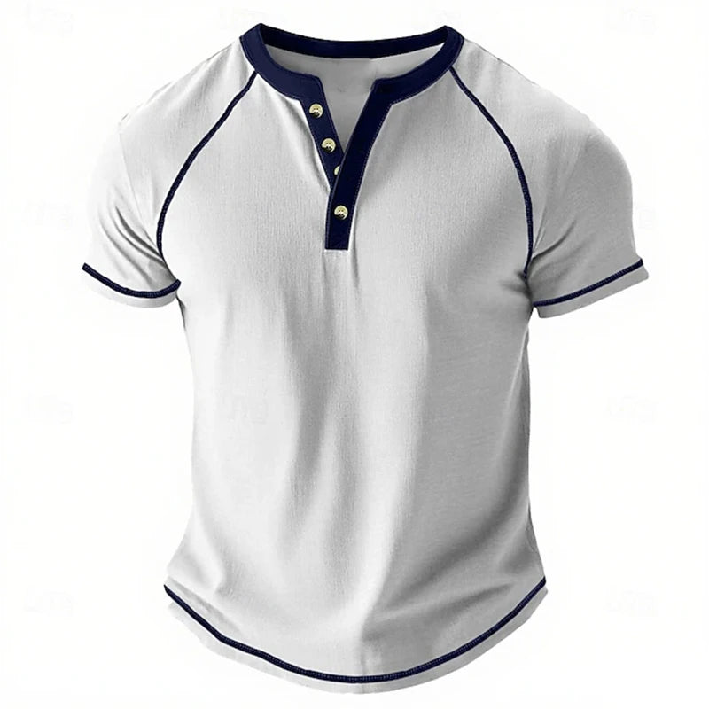 Retro Men's Button-Down T-Shirt  (HENLEY-STYLE), Minimalist Print T-Shirt,  Loose-Fit,  Casual Summer Shirt,  Stylish Streetwear Men.