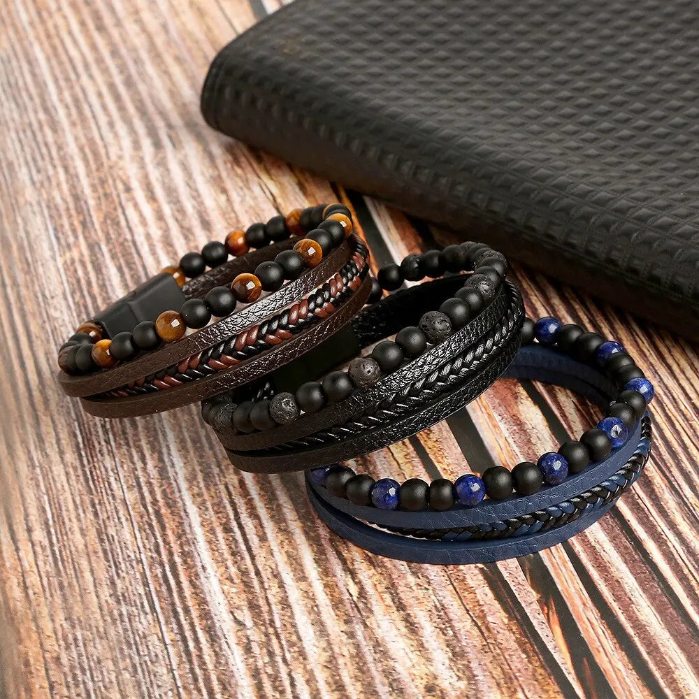 Men Leather Bracelet, Classic Fashion Tiger Eye Beaded Multi Layer Leather Bracelet For Men Jewelry Gift