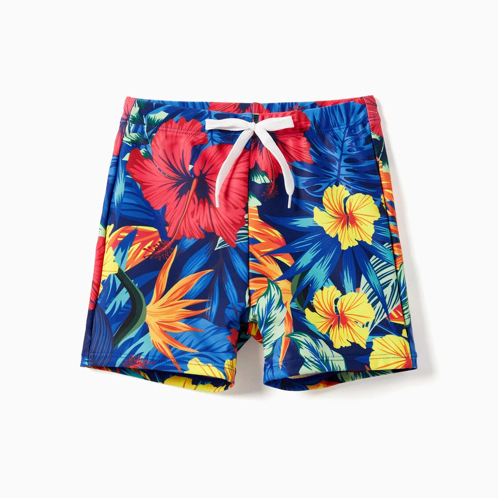 Family Matching Swimwear Set, Floral Design, Fabric Stitching, Medium Thickness
