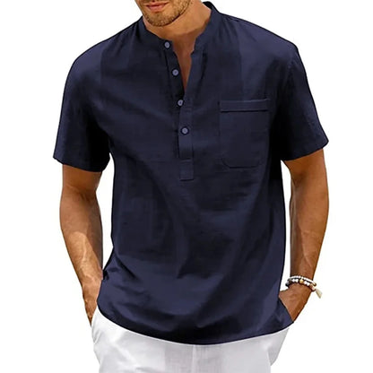 Cotton /Linen Shirt for  Men , Henley Neck,  Pocket,  Casual Beach, Short Sleeved,  Solid Colors, Male T-shirts