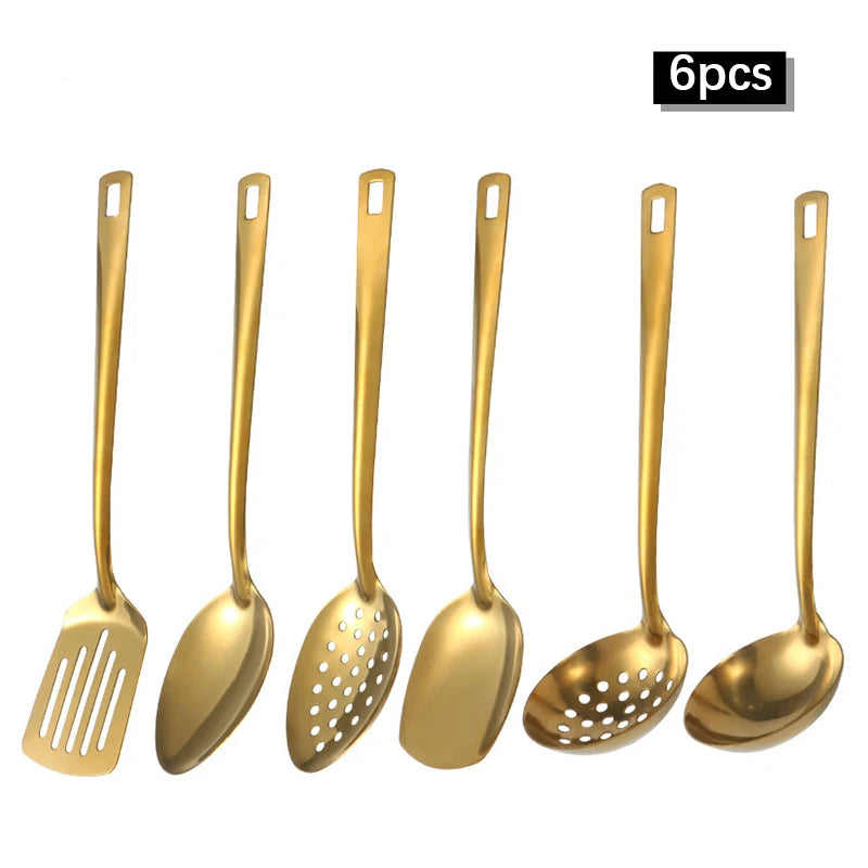 2/6pcs Stainless steel kitchenware set,  creative  golden soup spoon, colander,  hot pot spoon, cooking  and frying assists.