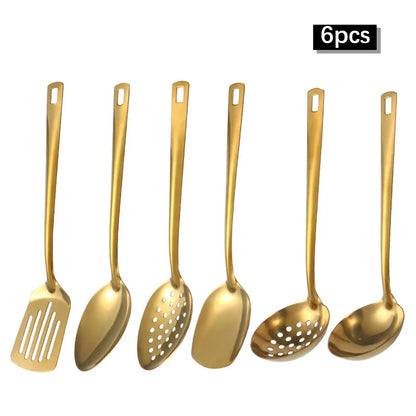 2/6pcs Stainless steel kitchenware set,  creative  golden soup spoon, colander,  hot pot spoon, cooking  and frying assists.