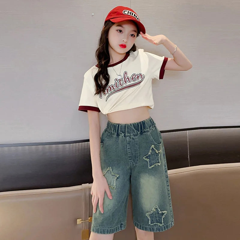 Girls Shorts for Summer,  Kids Casual Loose Jeans,  Childrens  Denim Knee Length Pants,  Teenager Fashion High Waist Shorts