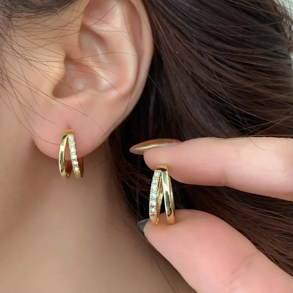 Stainless Steel Gold Color Circle Hoop Earrings for Women Simple Cubic Zircon Double Ring Earring Cartilage Piercing Jewelry