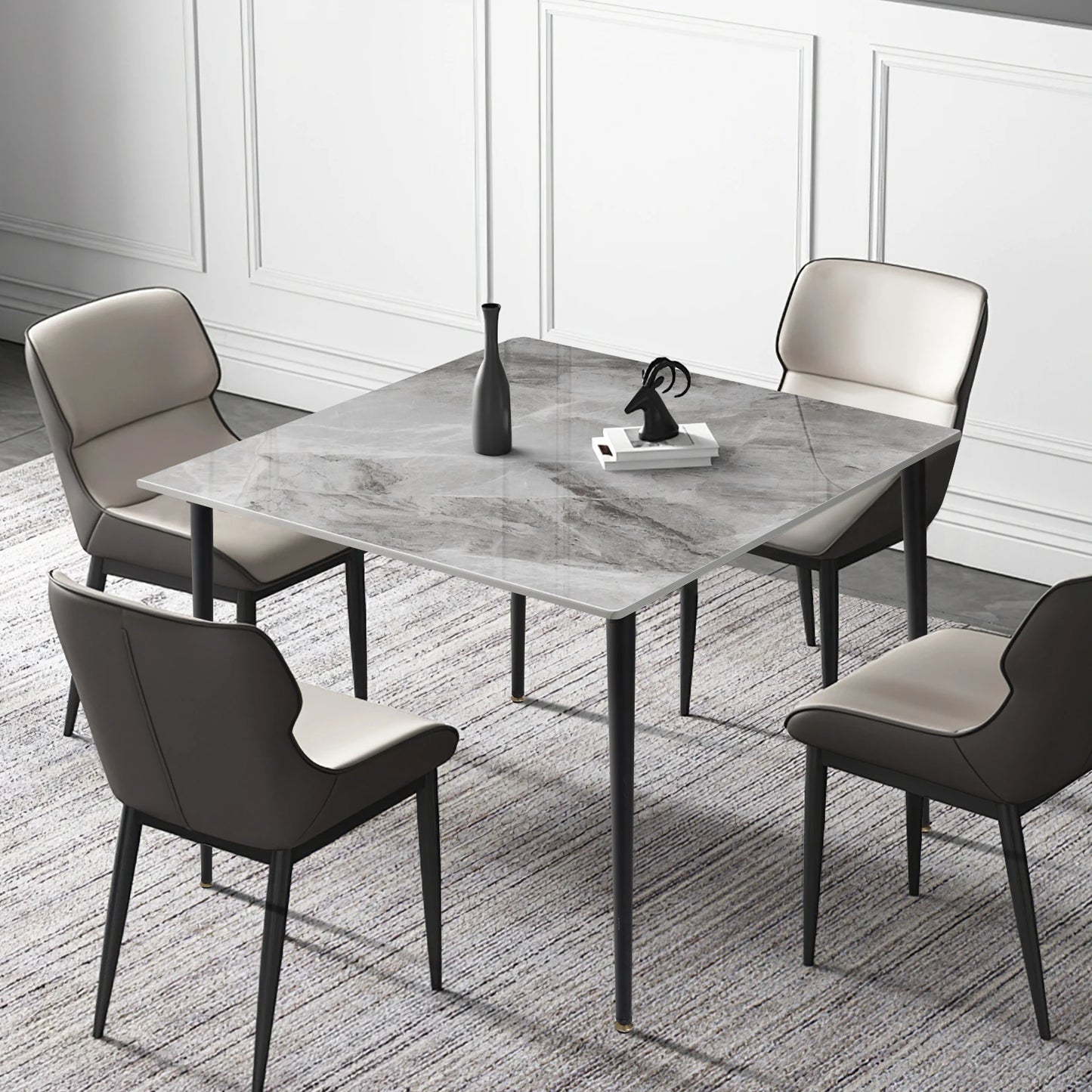Mid-Century Slate Kitchen Dining Table with Sintered Stone Top and Metal Legs, Kitchen,  Dining Room