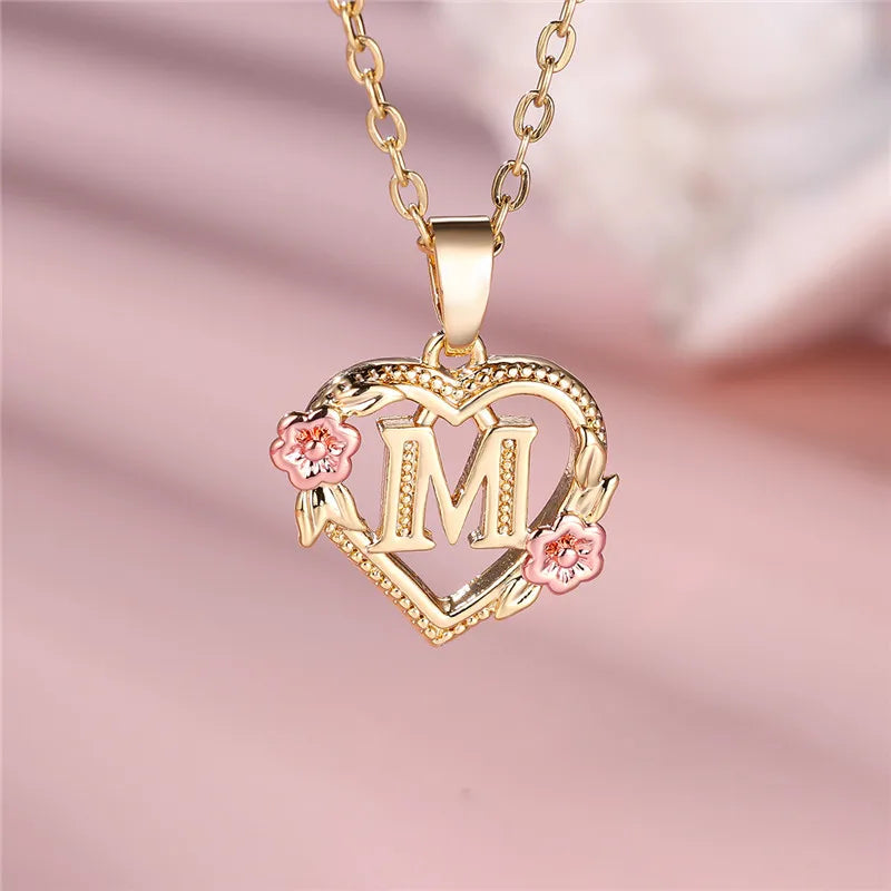 A-Z Letter Flower Pendant Necklace,  Yellow Gold  Wedding Jewelry GifTS