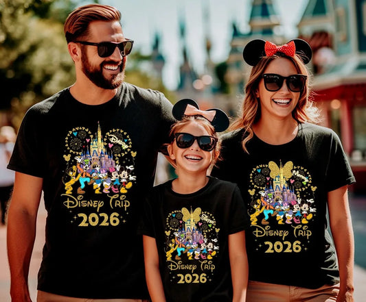 2026 Summer Casual Mickey Minnie Castle Butterfly Comfort Cotton T-shirt.  Adults/ Children,  Parent /Child,  Couple Sportswear