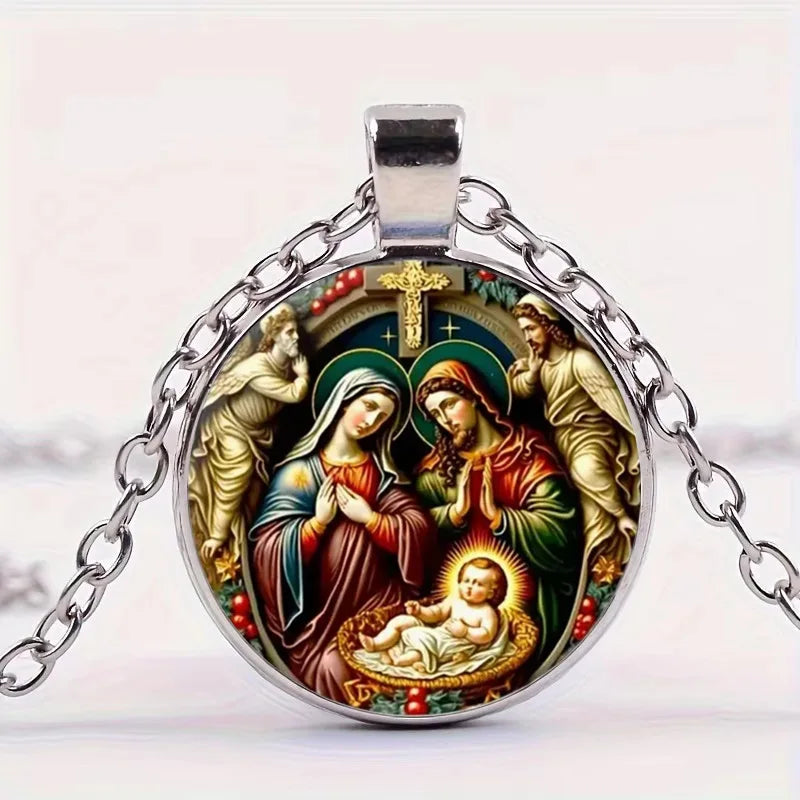 The Holy Family Glass Pendant Necklace,  Catholic Saint Joseph,  Virgin Mary,  Jesus Necklace