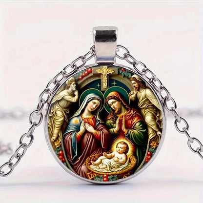 The Holy Family Glass Pendant Necklace,  Catholic Saint Joseph,  Virgin Mary,  Jesus Necklace