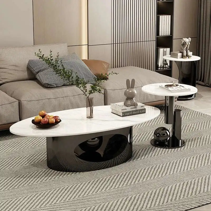 Modern Marble Effect Coffee Tables, Luxury Legs  of  Metal.  Nordic Oval Side Table White Premium Table, Home Furniture