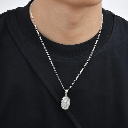 Virgin Mary Necklace for Men Boys,Catholicism Oval Pendant with Figaro Chain,Faith Prayer Jewelry Gift