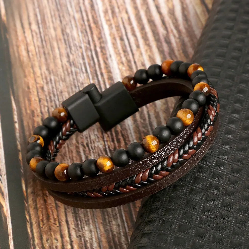 Men Leather Bracelet, Classic Fashion Tiger Eye Beaded Multi Layer Leather Bracelet For Men Jewelry Gift