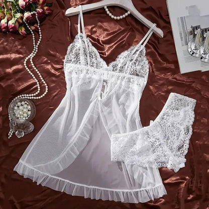 Tulle Ultra Sexy Nightgown,  V-neck Bra, Open Sleep Skirt, Womans Sheer  Lingerie  with Thong