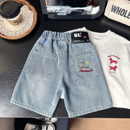 Summer Boys Shorts, Cartoon Embroidery, Boys Denim Shorts Water Wash, 2-10Yrs Boys Horse Pocket Jeans