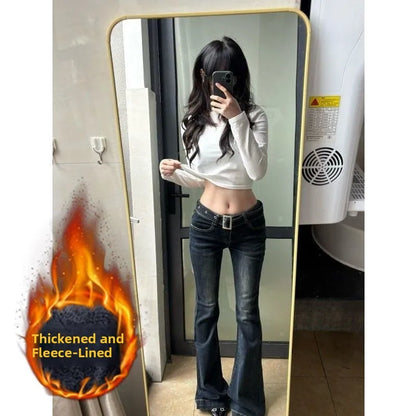 Vintage American Fleece Lined, Flared Jeans  for Women/Girls High Waist,  Long Pants, Casual Cotton Denim Jeans