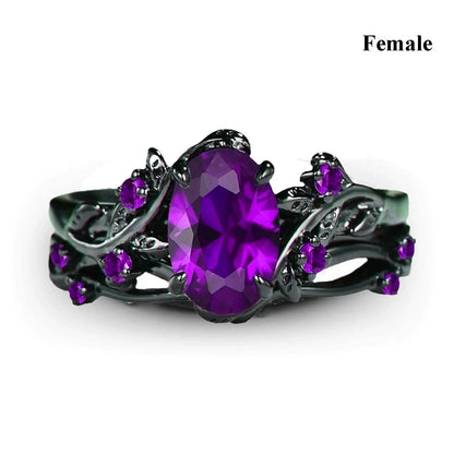 Charming Couple Rings.  Romantic Womens Purple Rhinestones CZ Rings Set.  Trendy Mens Stainless Steel Celtic Dragon Rings  for Weddings, Engagements and Occasions