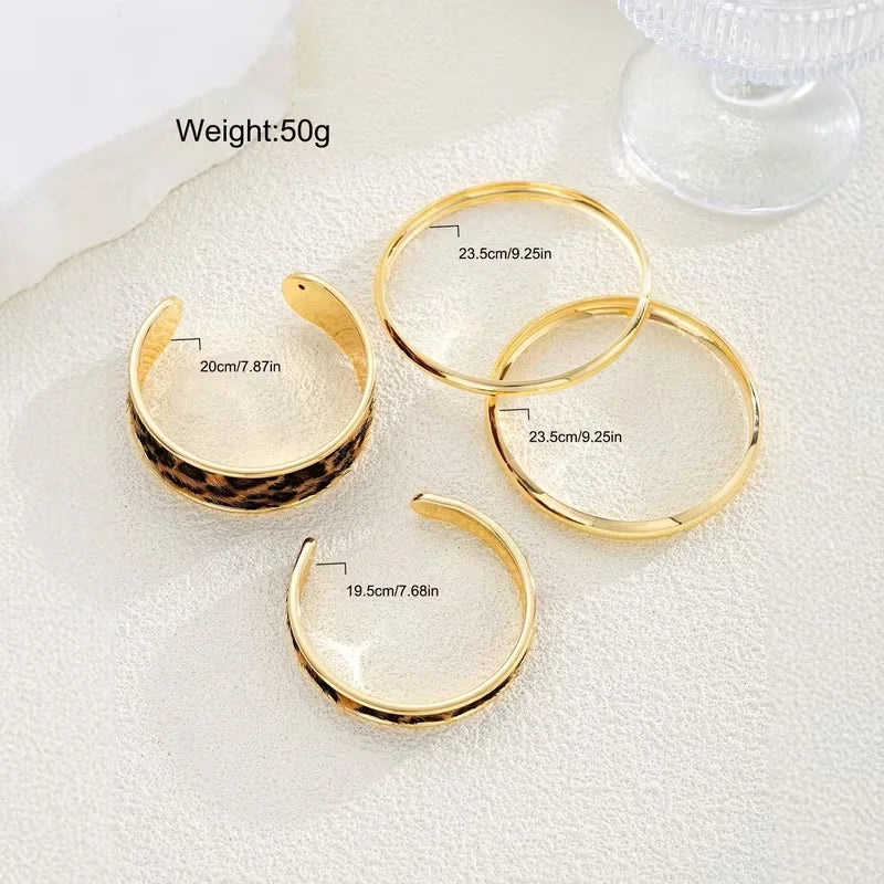 4pcs Bohemian Leopard Print Bracelet Set for Women , Retro Elegant Minimalist PU Leather Bangles,  Daily Wear Jewelry, Gift