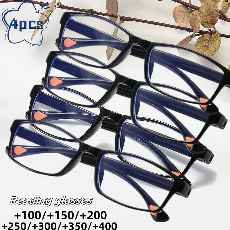 Anti-blue Light Reading Glasses, Thick Black- Framed Glasses,  Portable Presbyopia Eyeglass +1.0~+4.0 Eyewear 4pcs.  This set of 4 pairs of glasses in the strength of your choice is a wonderful bargain. and you have ANTI-BLUE