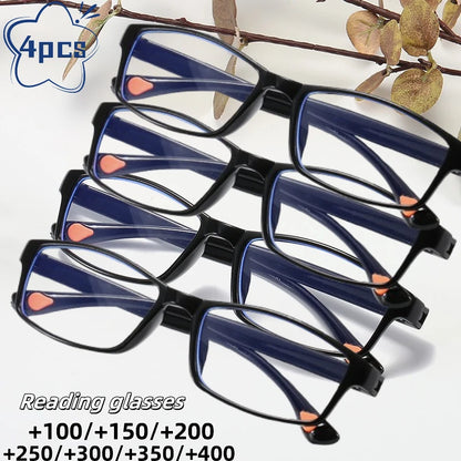 Anti-blue Light Reading Glasses, Thick Black- Framed Glasses,  Portable Presbyopia Eyeglass +1.0~+4.0 Eyewear 4pcs.  This set of 4 pairs of glasses in the strength of your choice is a wonderful bargain. and you have ANTI-BLUE