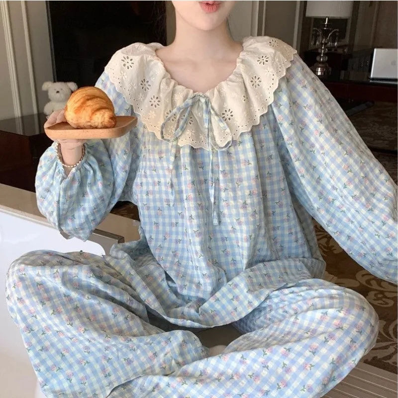 Sweet Large Collar Lace Trim Pajamas for Women with Plaid Long Sleeves and Long Pants Student Home Wear Large Size 2 Piece Set