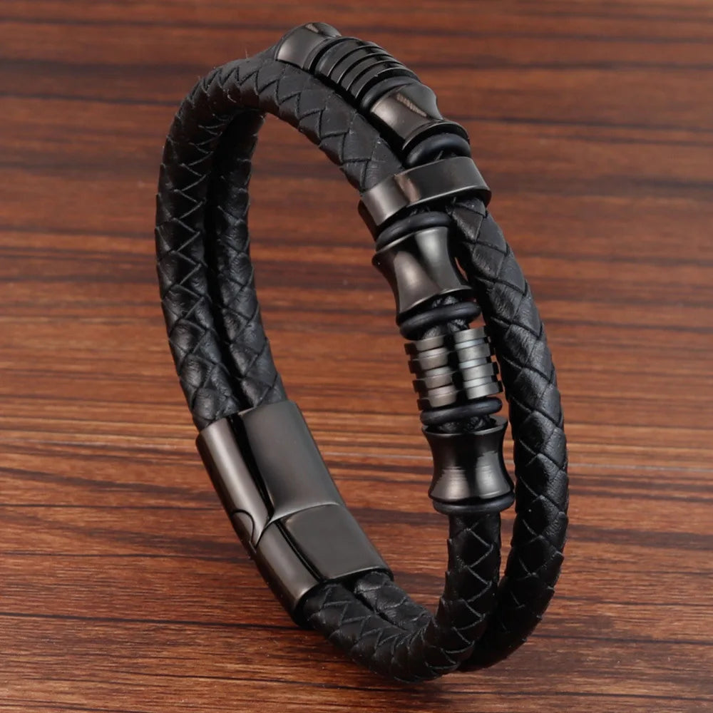 Braid Rope Bracelet For Men.   Stainless Steel, Magnetic Buckle,   Genuine Leather Bracelets & Bangles Male /Female Jewelry