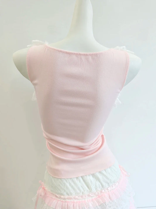 Cute Crop Top for Women / Girls, for Summer.   Lace Trim,  Bows,  Lovely Pink Top.