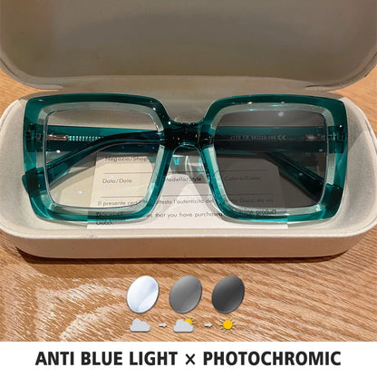 Square, Photochromic,  Blue-Light Blocking, Large Frame Eyeglasses, Reading Glasses Ladies Prescription Myopia Glasses