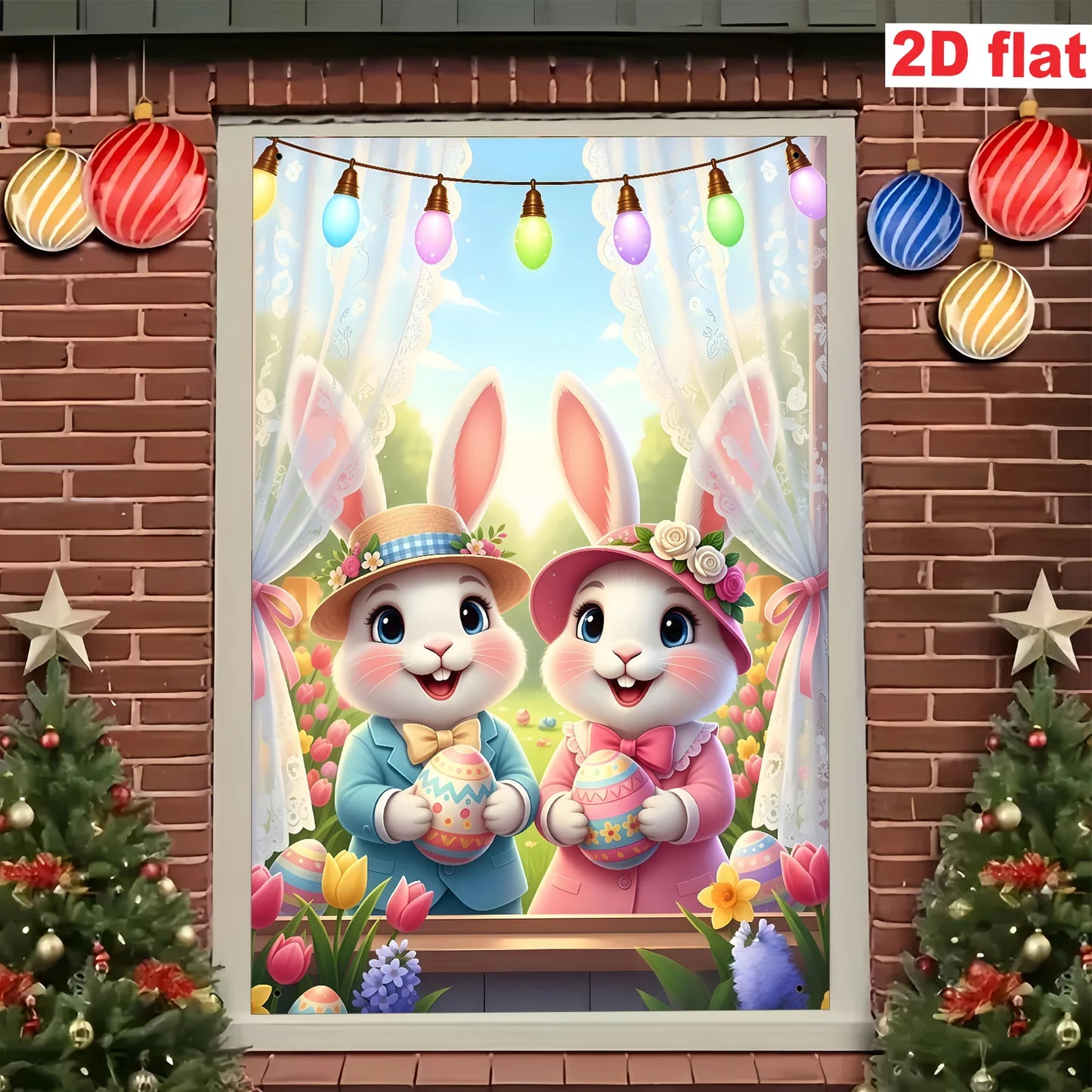 2D flat - 1 Easter party banner: Polyester flat banner with rabbit, Easter egg, tulip and curtain design