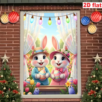 2D flat - 1 Easter party banner: Polyester flat banner with rabbit, Easter egg, tulip and curtain design