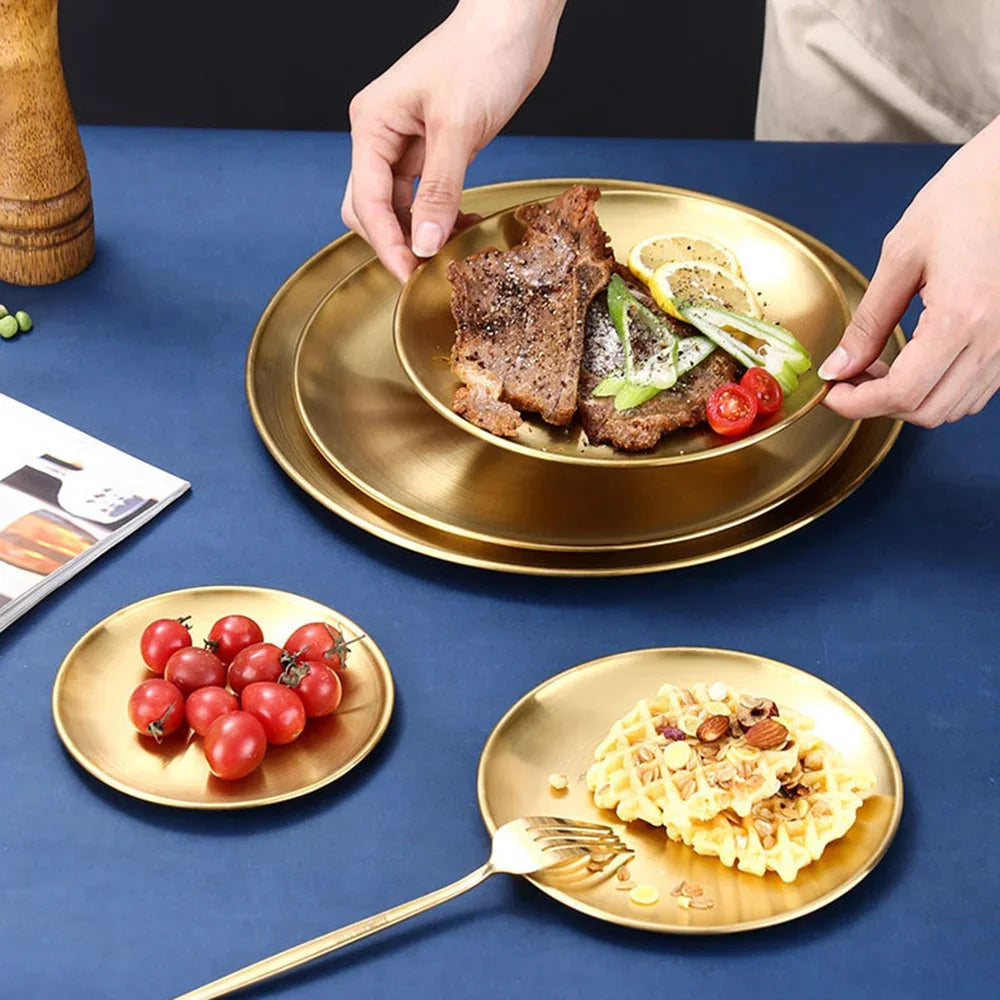 6Pcs Gold Stainless Steels Round Plate Rust-Proof Shallow Tray Plate Camping Plate,  Picnic Dishes Cookware,  There are 3 sizes left.  they are 30 cm, 26 cm, and 14 cm.  14 cm is the most available.