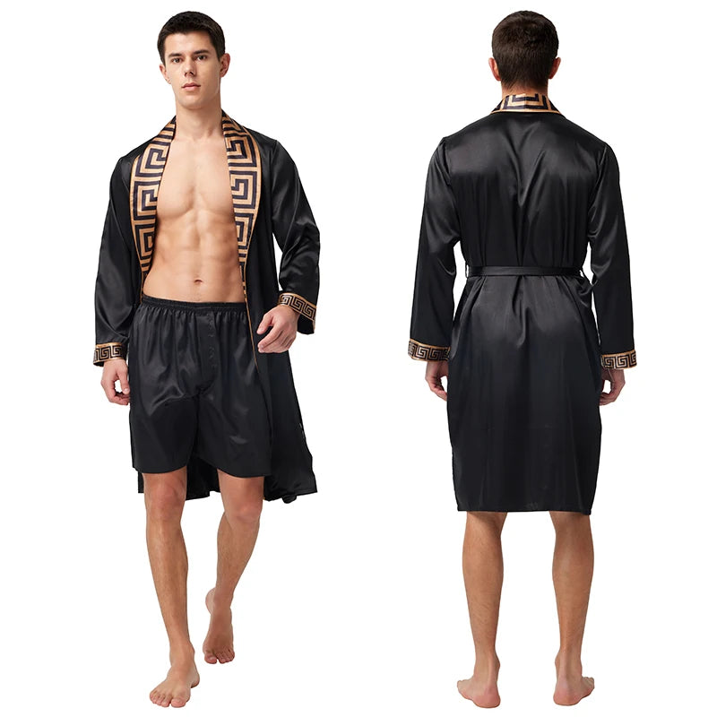 Men’s Satin Robe,  Lightweight  Silk with Long Sleeves.  Kimono Style Bathrobe including  Shorts Set
