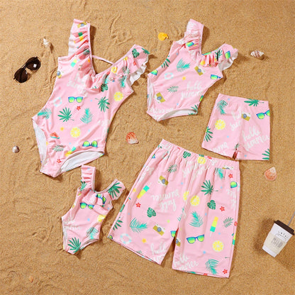 Dinosaurs Swimwear,  Matching  Family Swimwear with V-Neck Mother /Daughter Swimsuits Mommy and Me Dresses Clothes Father /Son Swim Shorts