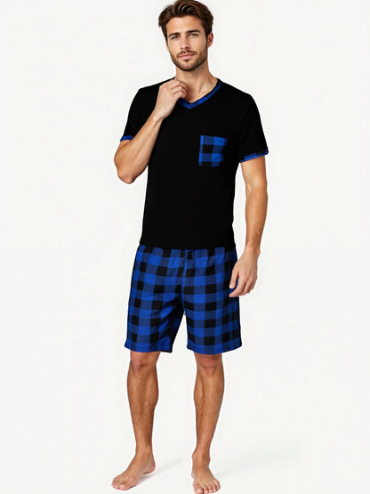 Mens Pajama Sets,  Short Sleeve , Plaid Pajamas and are  Soft Lounge Sleepwear with Pockets & Drawstring Shorts