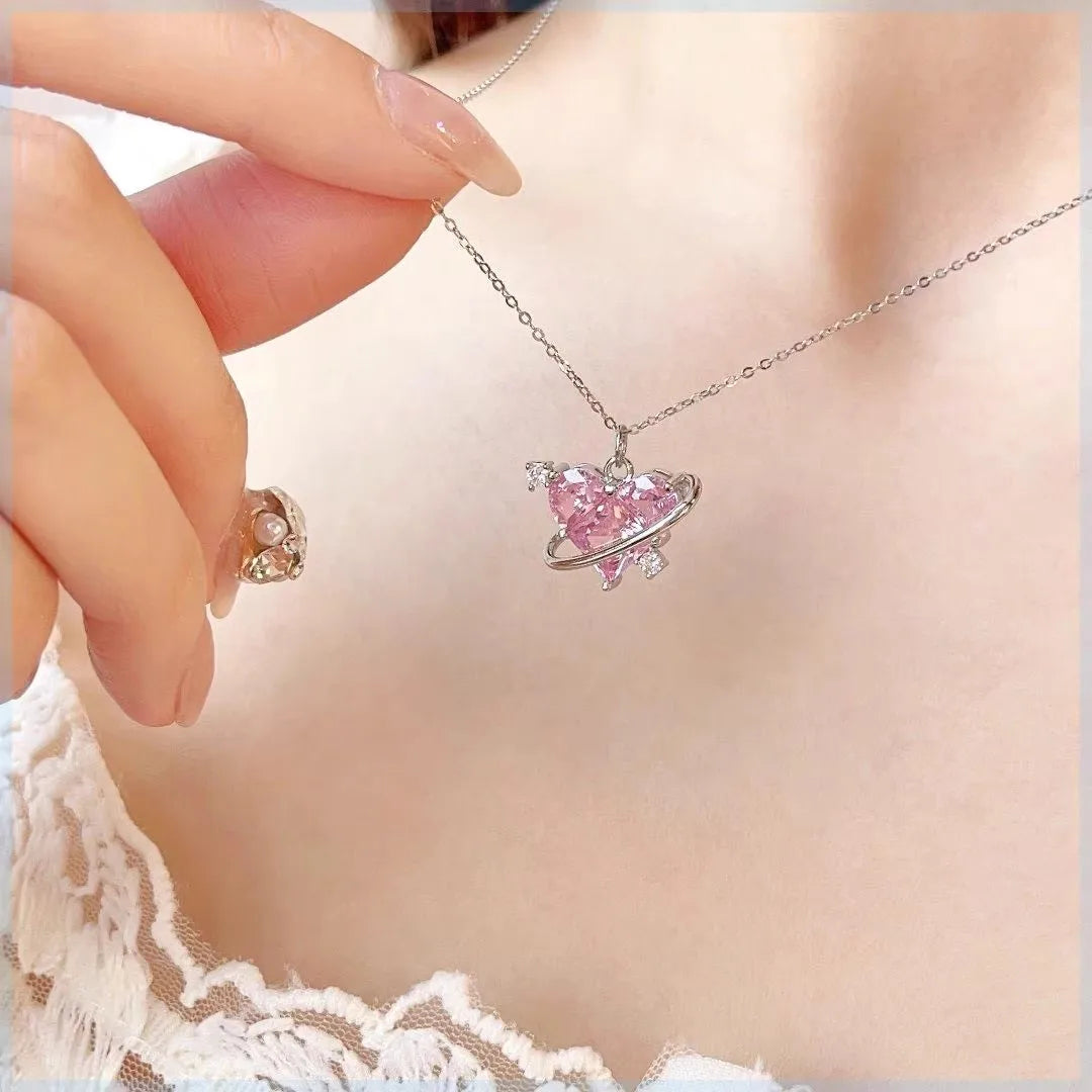 Pink Planet Heart Zircon Pendant Necklaces/ Women Fashion Aesthetic Clavicle Chain. Perfect Gift for MOTHERS DAY, Valentines Day, any special occasion