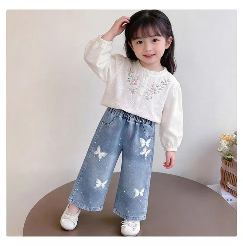 Girls Print Denim Pants.   New BlingBling Diamond Bow Jeans. Childrens  Clothes, Kids Straight Legged Pants,  Loose Trousers