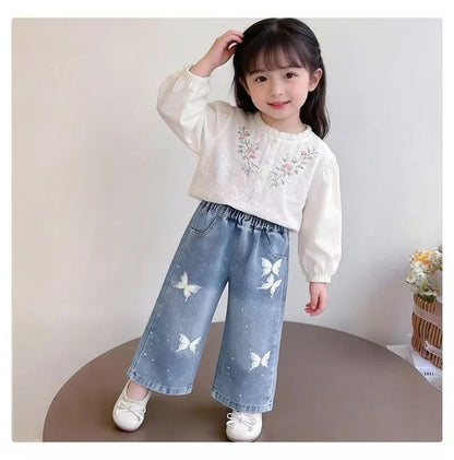Girls Print Denim Pants.   New BlingBling Diamond Bow Jeans. Childrens  Clothes, Kids Straight Legged Pants,  Loose Trousers