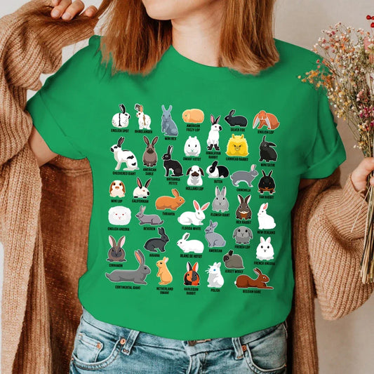 Bunny Summer Women's T-shirt,  Types of Rabbits , Print Tops,  Short-sleeved Casual Ladies Tees, O-neck