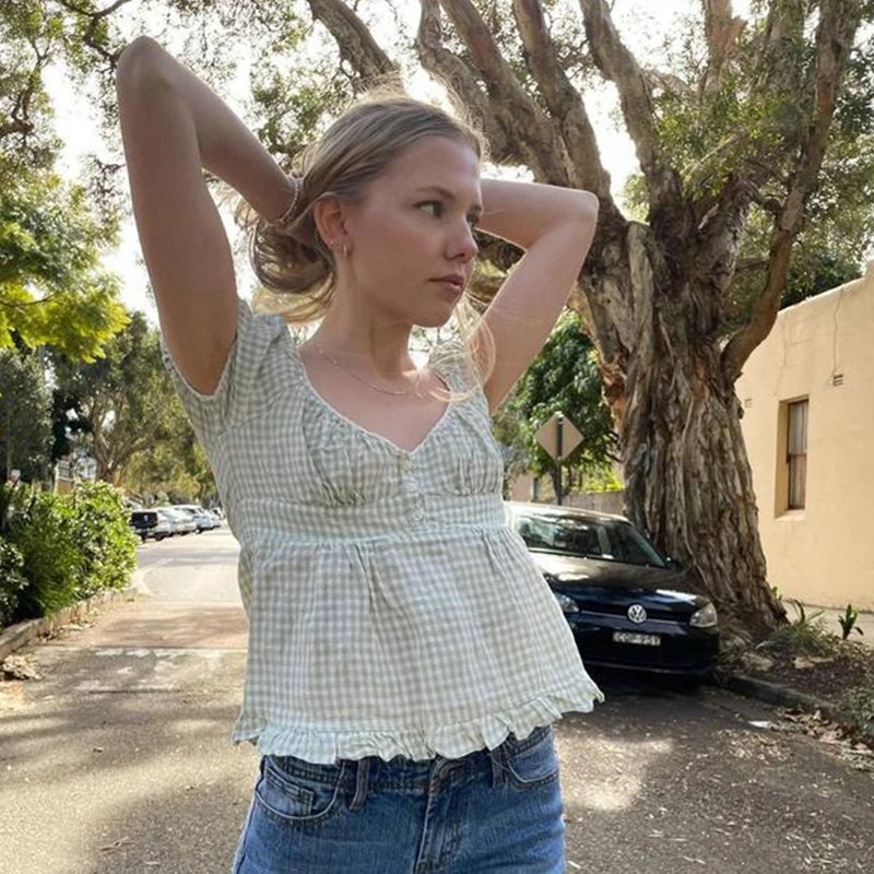 Ruffle Top Buttons Womens Crop Tops, Cute, Short Sleeve Tshirt