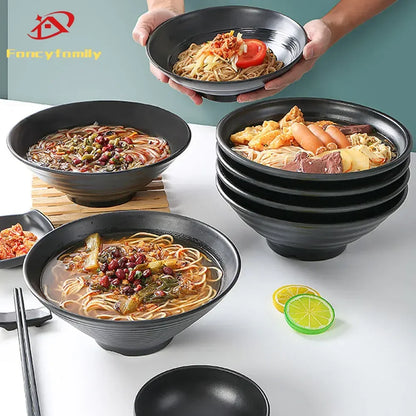 Fancy family Black Frosted Melamine.  Japanese Style Beef Ramen Bowl with Bamboo Hat Shape . Soup Bowl Tableware
