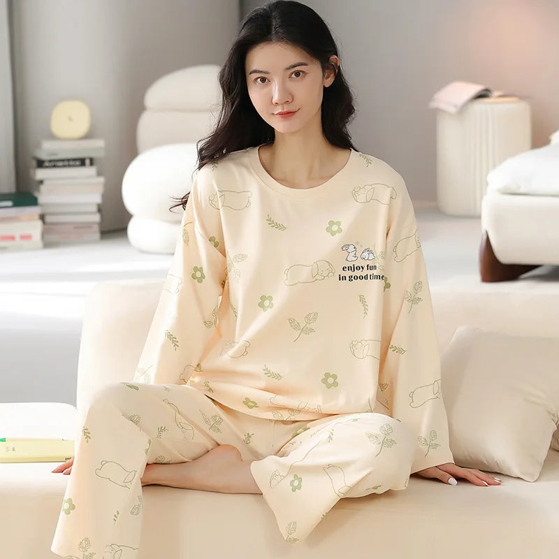 2Pcs/set women's pajamas spring and autumn with long trousers, cartoon cute  and can be worn outside  for leisure and comfort